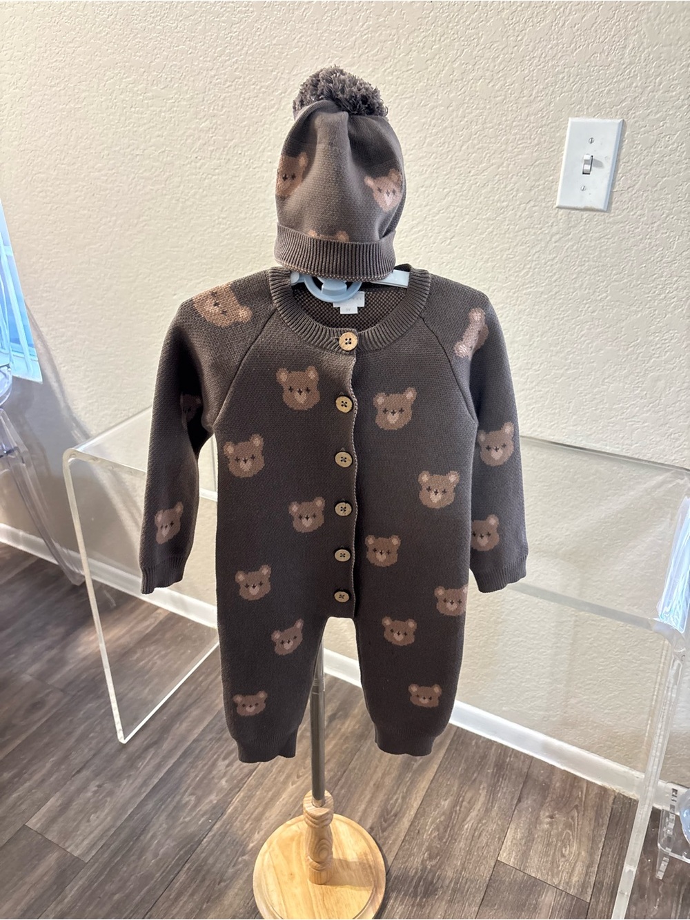Jamie Kay Brown Teddy Bear Knit One-Piece with Pom Beanie